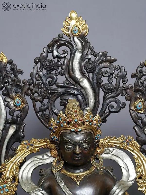 Exotic India 19" Tibetan Buddhist Deity Kubera Statue On Pedestal In Copper Gold Plated From Nepal 