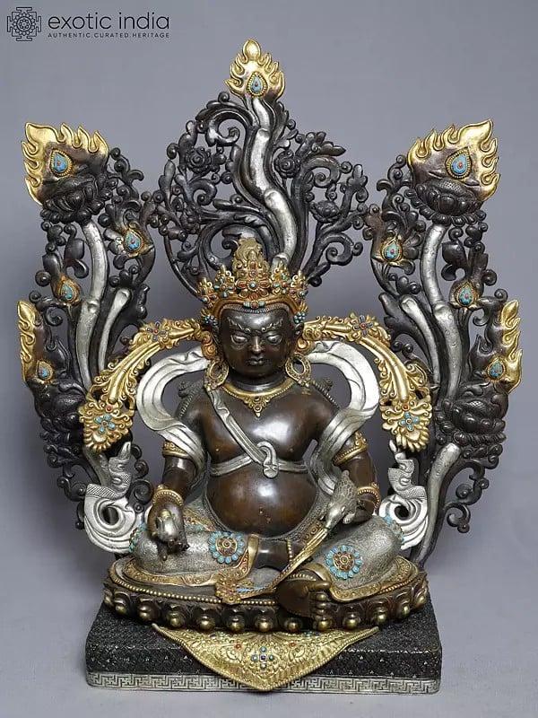 exotic india 19" Tibetan Buddhist Deity Kubera Statue On Pedestal In Copper Gold Plated From Nepal 