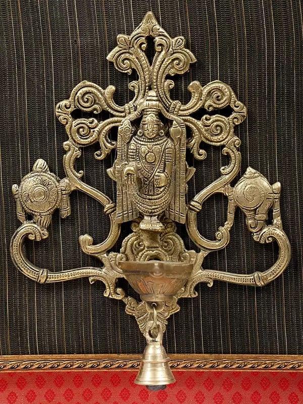 Exotic India 19" Tirupati Balaji (Venkateshvara) Lamp With Bell | Wood Framed | Wall Hanging 