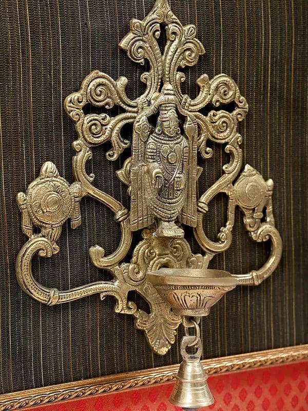 Exotic India 19" Tirupati Balaji (Venkateshvara) Lamp With Bell | Wood Framed | Wall Hanging 