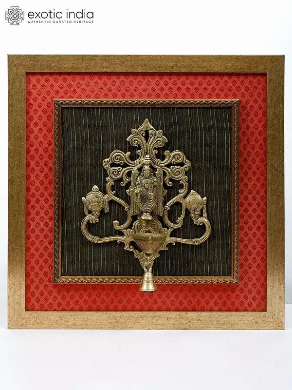 exotic india 19" Tirupati Balaji (Venkateshvara) Lamp with Bell | Wood Framed | Wall Hanging 
