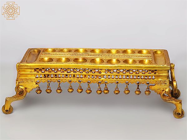 exotic india 19" Traditional South Indian Game Pallanguzhi with Wheels In Brass 