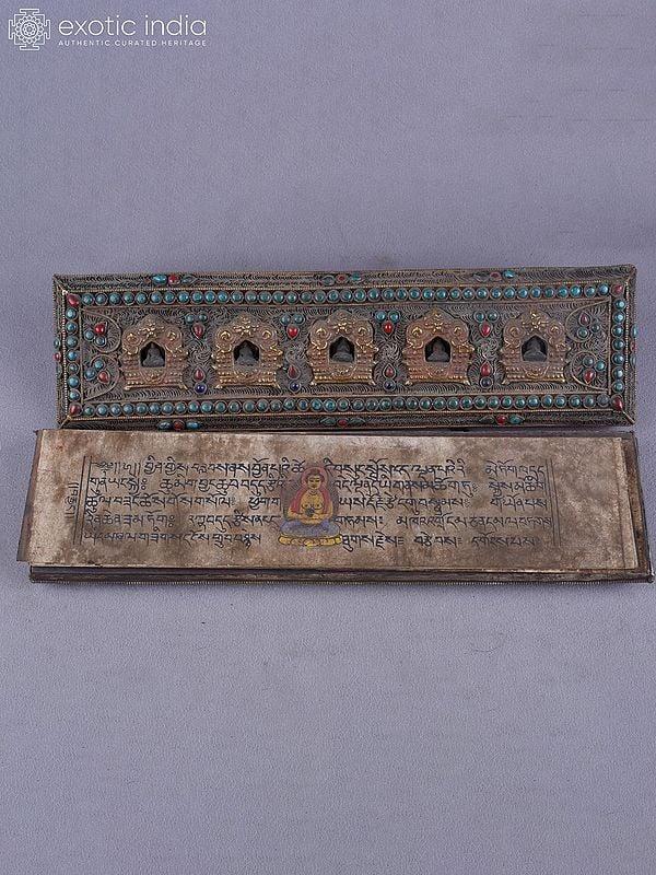 exotic india 2" Brass With Inlay Work Tibetan Buddhist Book Cover | Ritual Item 