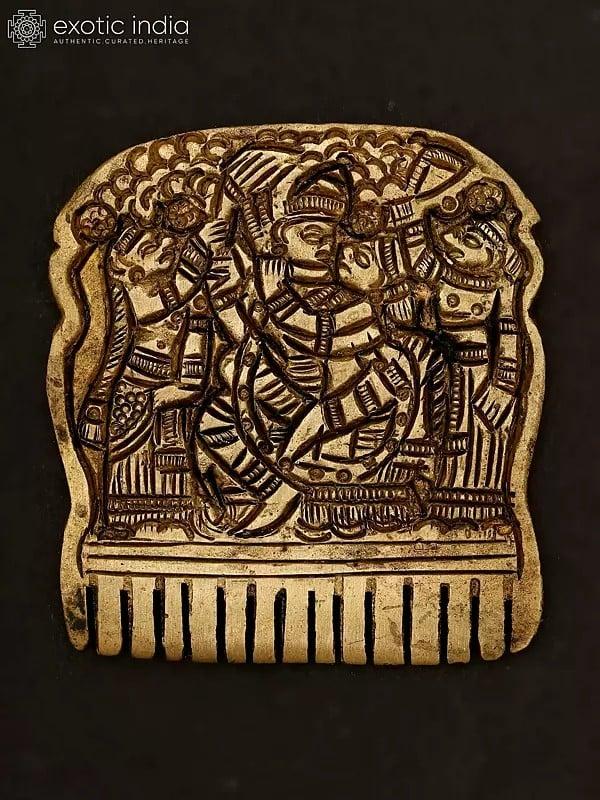exotic india 2" Small Brass Decorative Comb with Radha Krishna and Gopis 