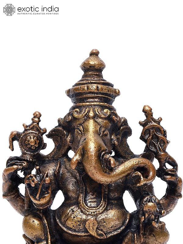 Exotic India 2" Small Chaturbhuja Lord Ganesha | Copper Statue 