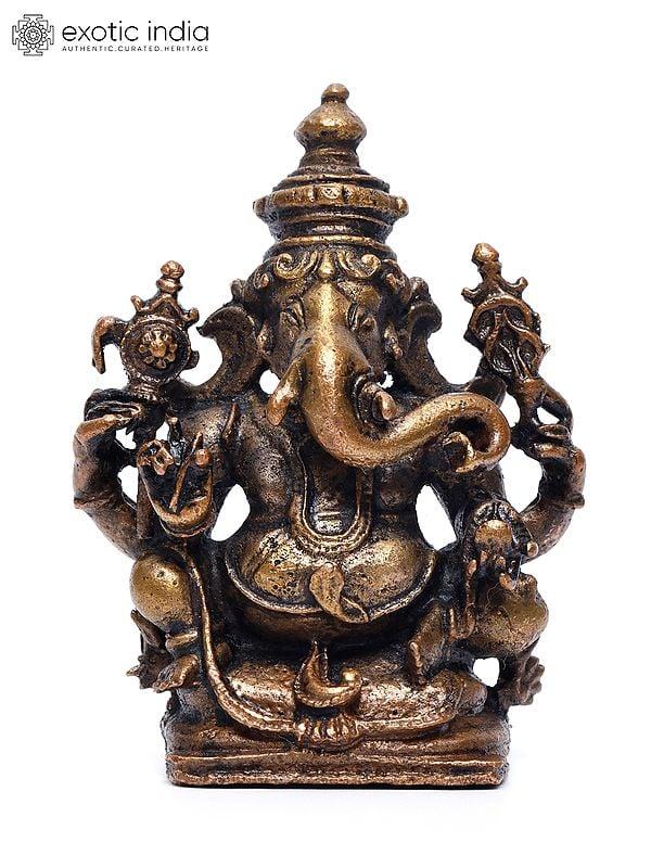 exotic india 2" Small Chaturbhuja Lord Ganesha | Copper Statue 