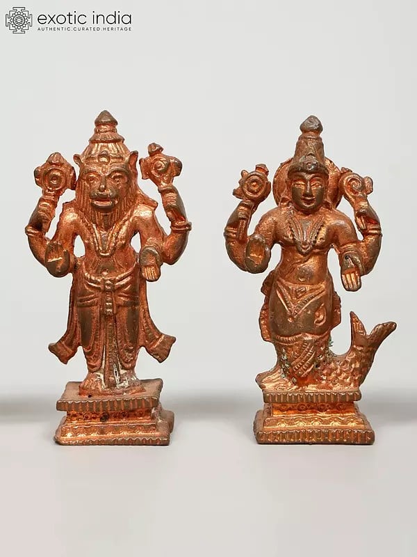 Exotic India 2" Small Dashavatara Of Lord Vishnu | Set Of Ten | Copper Statues 