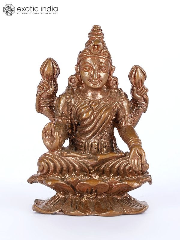 exotic india 2" Small Four-Armed Goddess Lakshmi Copper Statue on Lotus Pedestal 
