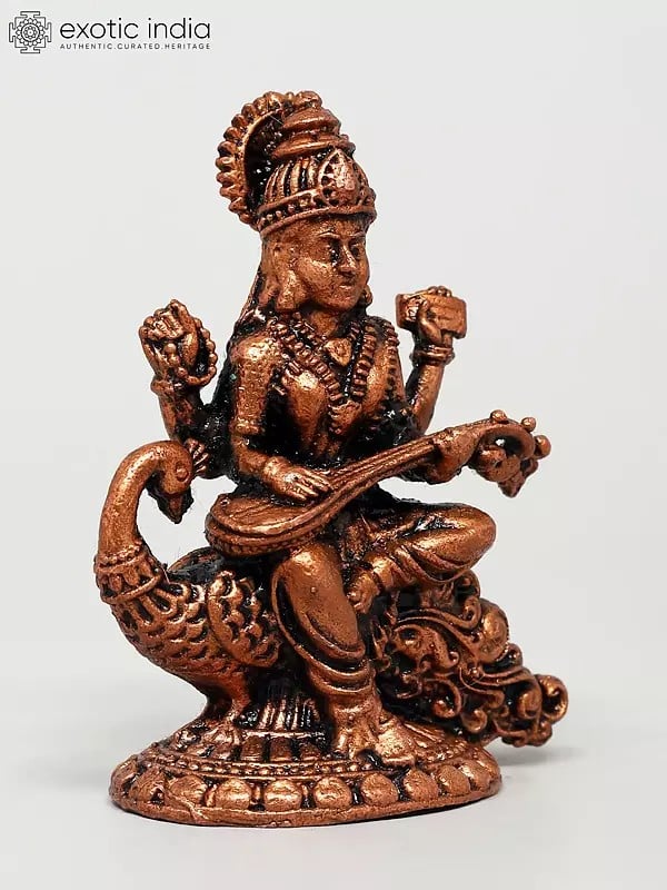 Exotic India 2" Small Goddess Saraswati Seated On Swan | Copper Idol 