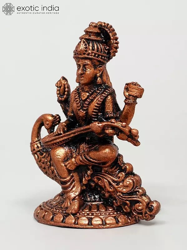 Exotic India 2" Small Goddess Saraswati Seated On Swan | Copper Idol 