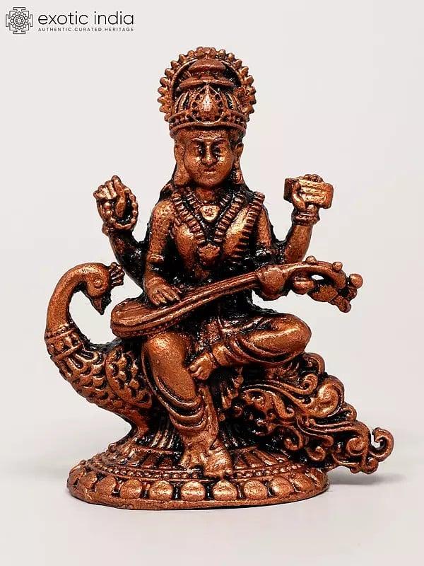 exotic india 2" Small Goddess Saraswati Seated on Swan | Copper Idol 