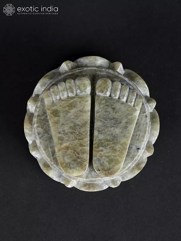Exotic India 2" Small Hand Carved Charan Paduka On Double Lotus Pedestal From Banaras 