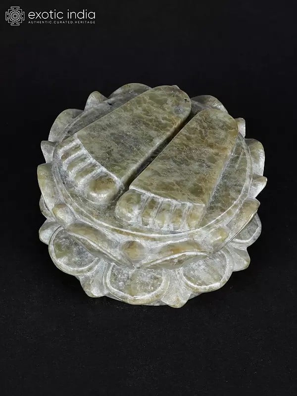 Exotic India 2" Small Hand Carved Charan Paduka On Double Lotus Pedestal From Banaras 