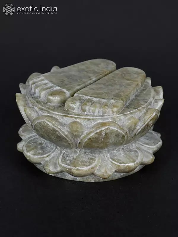 Exotic India 2" Small Hand Carved Charan Paduka On Double Lotus Pedestal From Banaras 