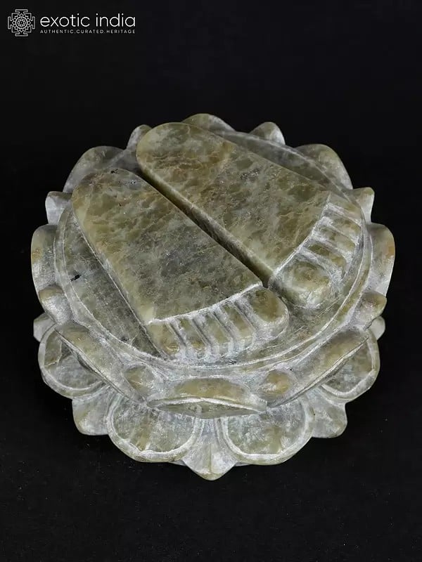exotic india 2" Small Hand Carved Charan Paduka on Double Lotus Pedestal from Banaras 