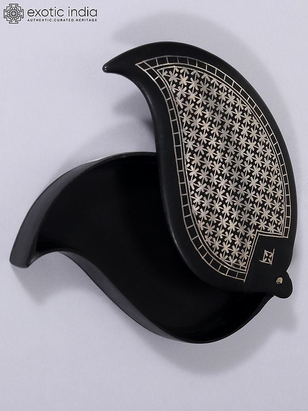 Exotic India 2" Small Mango Shape Floral Box | Bidri Artwork | Gunmetal With Real Silver 