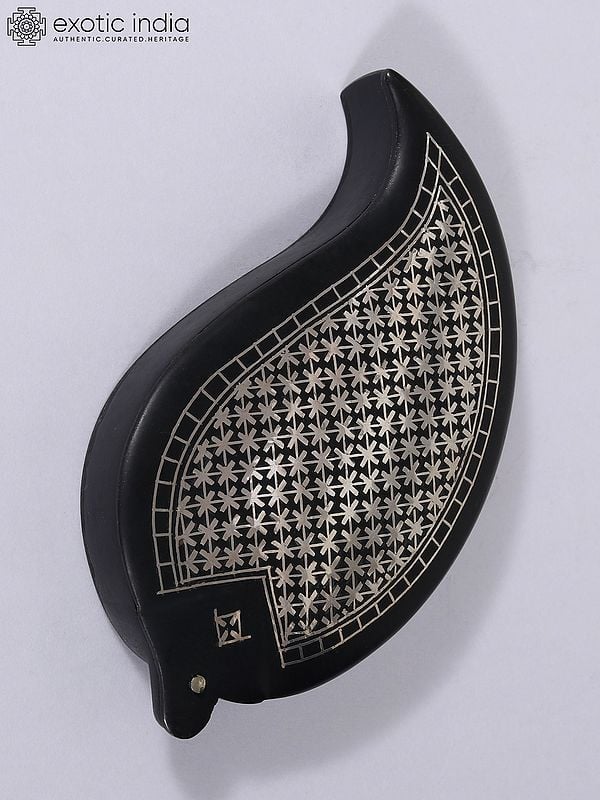 exotic india 2" Small Mango Shape Floral Box | Bidri Artwork | Gunmetal with Real Silver 