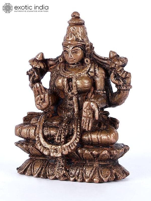 Exotic India 2" Small Sitting Goddess Lakshmi Copper Statue In Blessing Gesture 