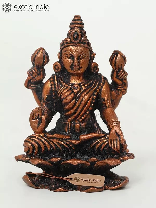 exotic india 2" Small Sitting Goddess Lakshmi | Copper Statue 