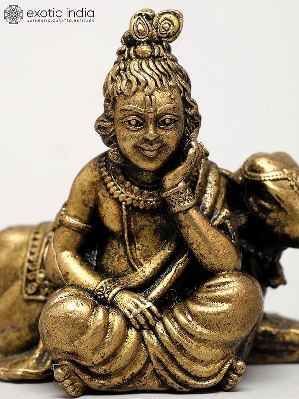 Exotic India 2" Small Superfine Bal Krishna With Calf – Divine Innocence | Ideal For Puja 