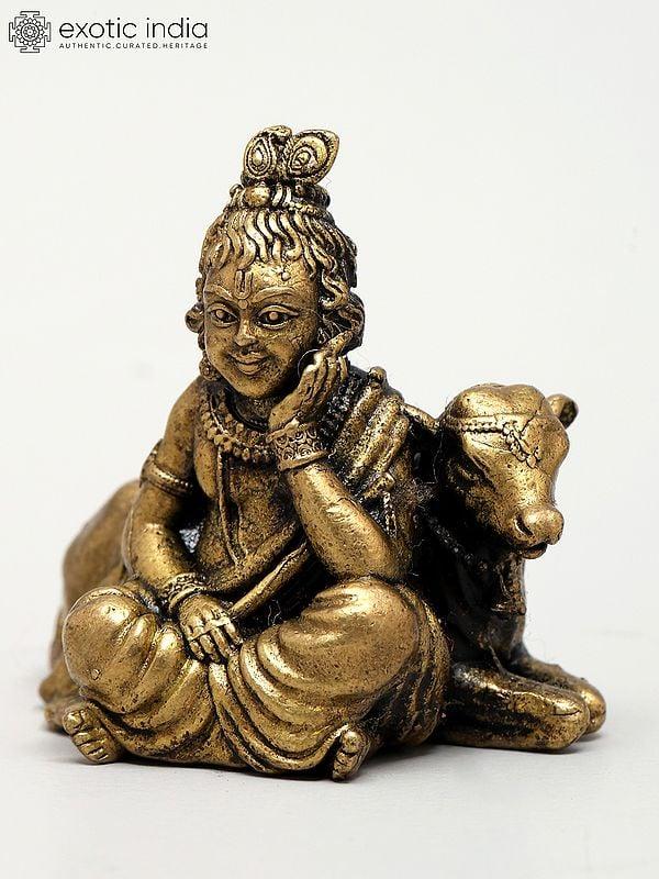 Exotic India 2" Small Superfine Bal Krishna With Calf – Divine Innocence | Ideal For Puja 