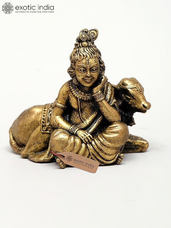 exotic india 2" Small Superfine Bal Krishna with Calf – Divine Innocence | Ideal for Puja 