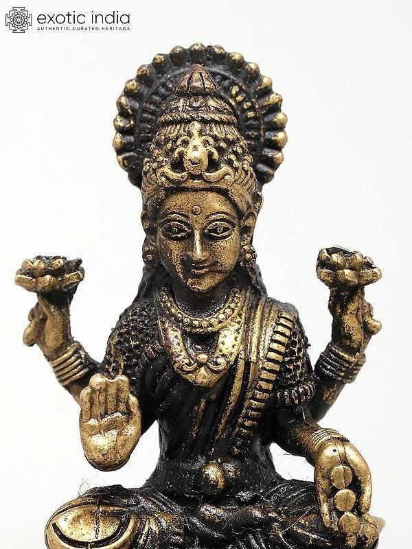 Exotic India 2" Small Superfine Dhanlakshmi On Lotus – Goddess Of Wealth & Prosperity | Ideal For Puja 