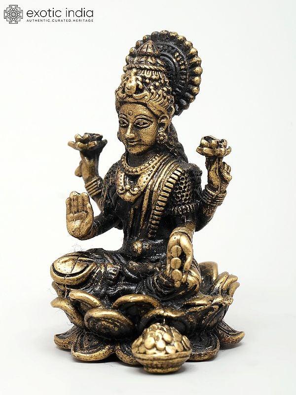 Exotic India 2" Small Superfine Dhanlakshmi On Lotus – Goddess Of Wealth & Prosperity | Ideal For Puja 