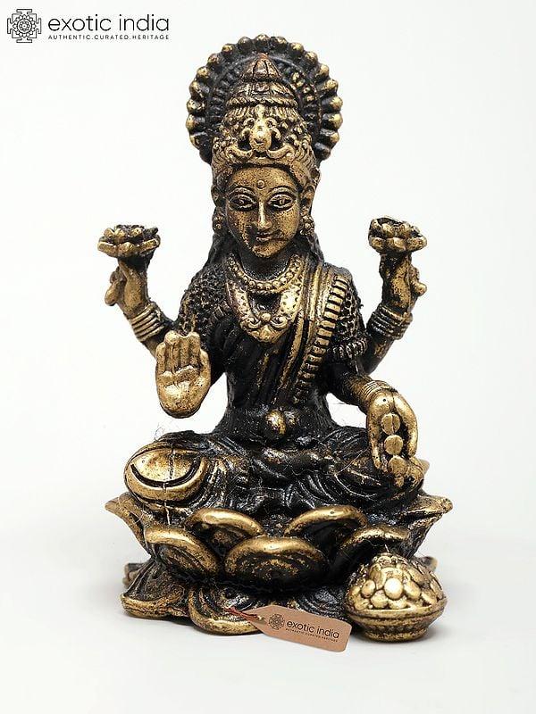 exotic india 2" Small Superfine Dhanlakshmi on Lotus – Goddess of Wealth & Prosperity | Ideal for Puja 