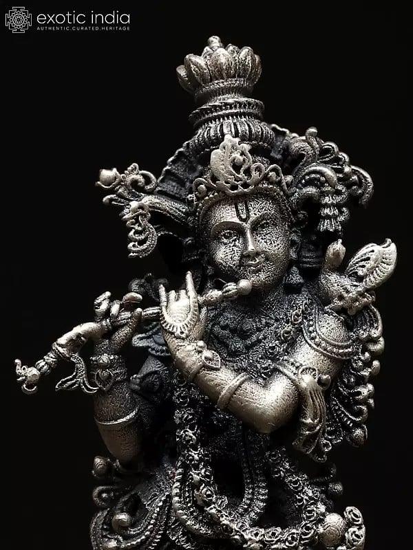 Exotic India 2" Small Superfine Lord Krishna Playing Flute | Sterling Silver Statue 