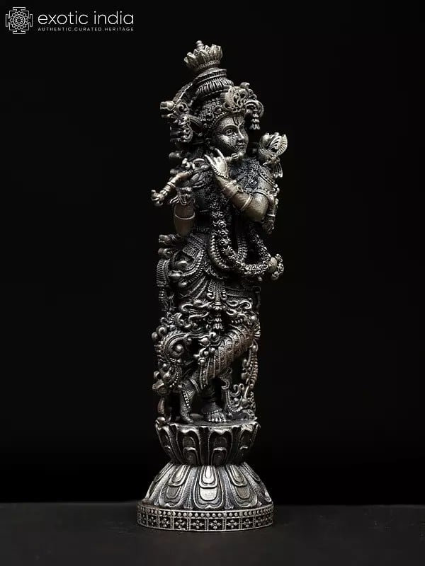 Exotic India 2" Small Superfine Lord Krishna Playing Flute | Sterling Silver Statue 