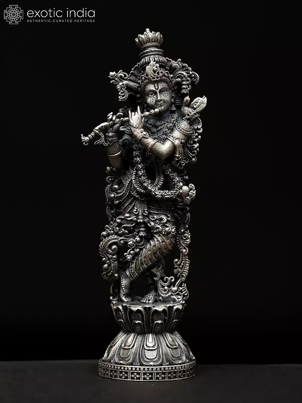 exotic india 2" Small Superfine Lord Krishna Playing Flute | Sterling Silver Statue 