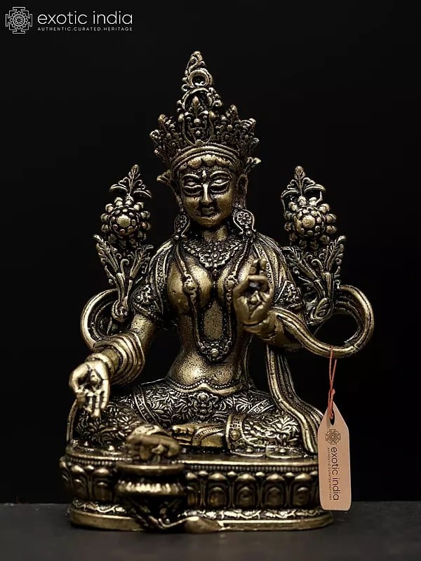 exotic india 2" Small Superfine Tibetan Buddhist Goddess Green Tara | Brass Idol 