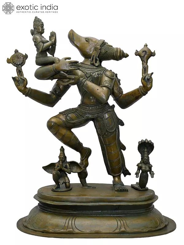 exotic india 20" Bhumi-Varaha with Garuda and Shesha | Madhuchista Vidhana (Lost-Wax) | Panchaloha Bronze from Swamimalai 