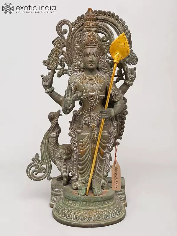 exotic india 20" Brass Standing Lord Murugan (Karttikeya) - The God of War Victory and Wisdom 