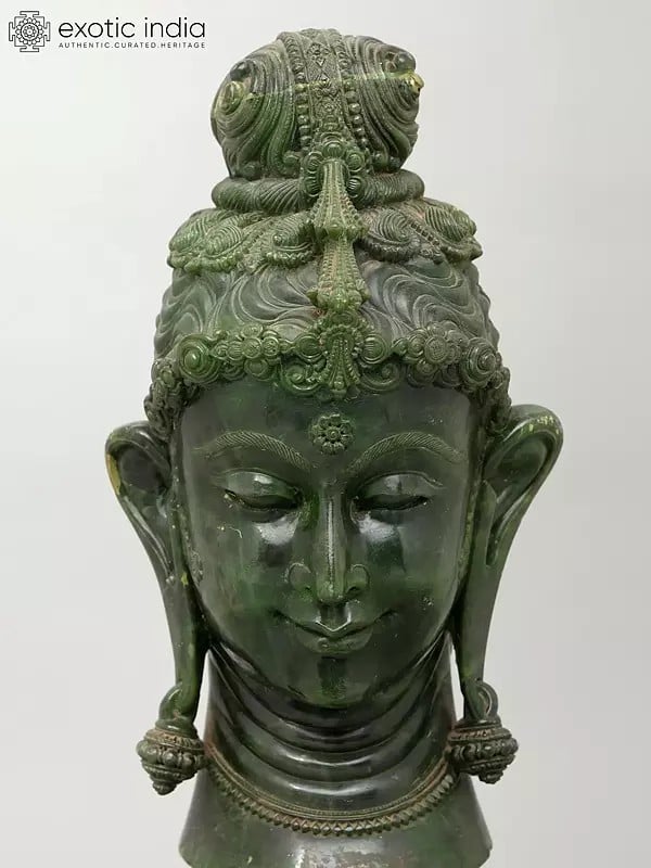 Exotic India 20" Buddha Head | Green Stone Statue | Made In Orissa 