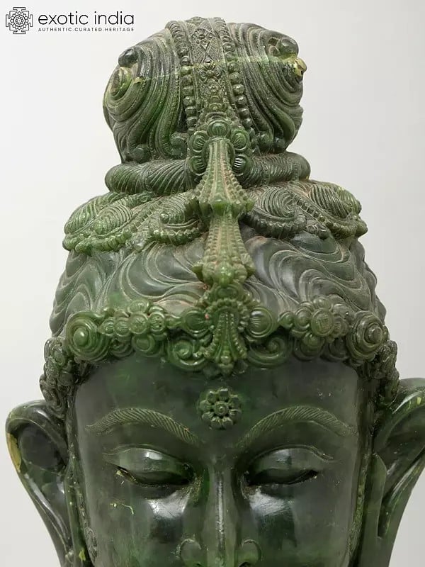 Exotic India 20" Buddha Head | Green Stone Statue | Made In Orissa 