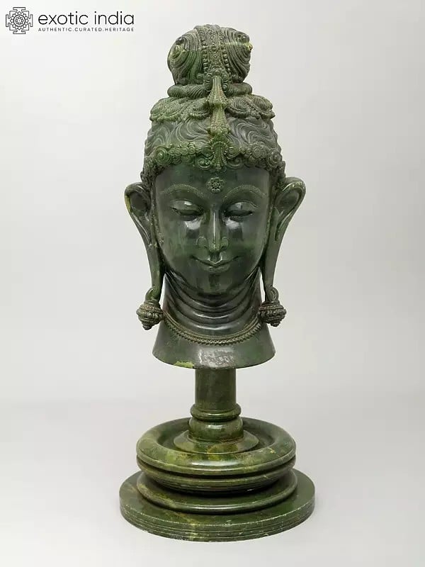exotic india 20" Buddha Head | Green Stone Statue | Made In Orissa 