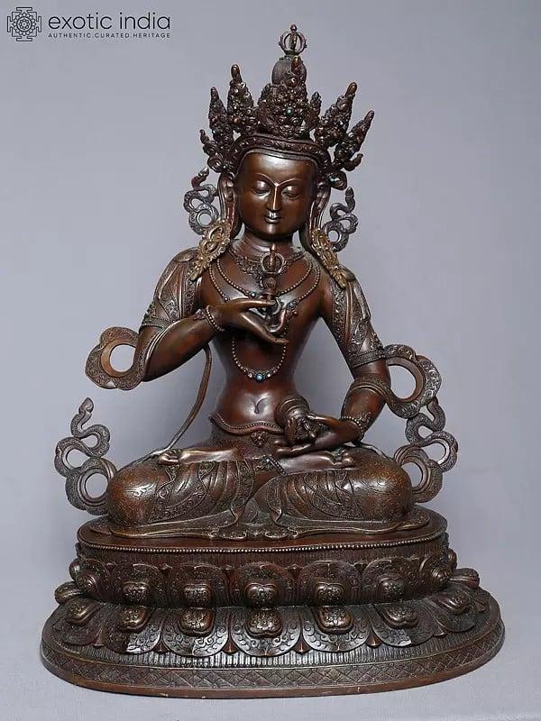 exotic india 20" Copper Gold Plated Tibetan Buddhist Deity Seated Statue Form Nepal | Handmade 