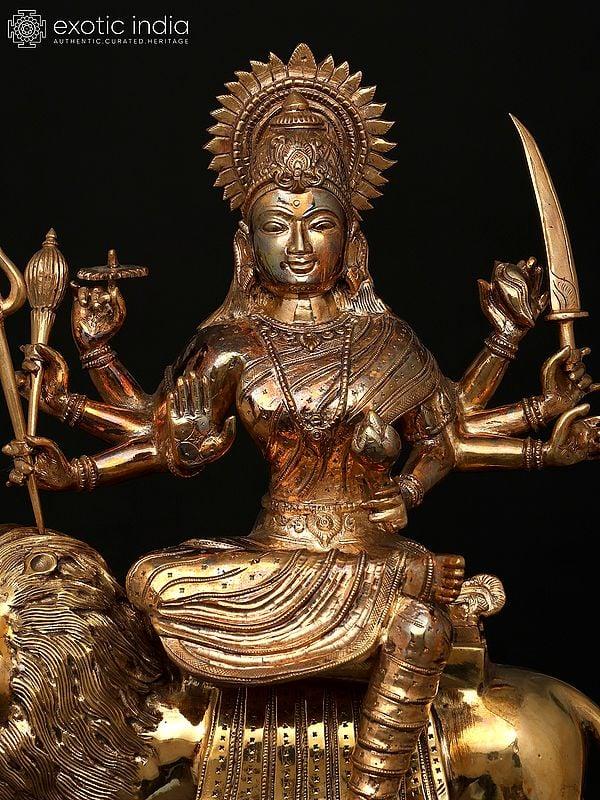 Exotic India 20" Eight Armed Goddess Durga (Sherawali Maa) | Madhuchista Vidhana (Lost-Wax) | Panchaloha Bronze From Swamimalai 