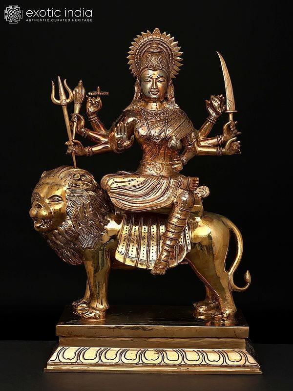 exotic india 20" Eight Armed Goddess Durga (Sherawali Maa) | Madhuchista Vidhana (Lost-Wax) | Panchaloha Bronze from Swamimalai 
