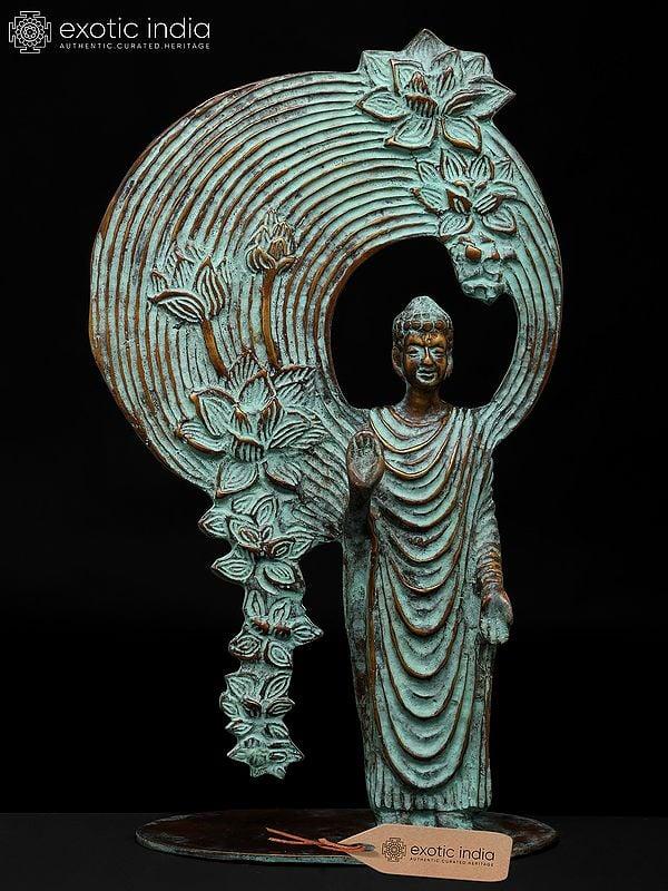 exotic india 20" Enlightened Presence – Buddha in Bloom | Brass Statue with Bronze Finish 