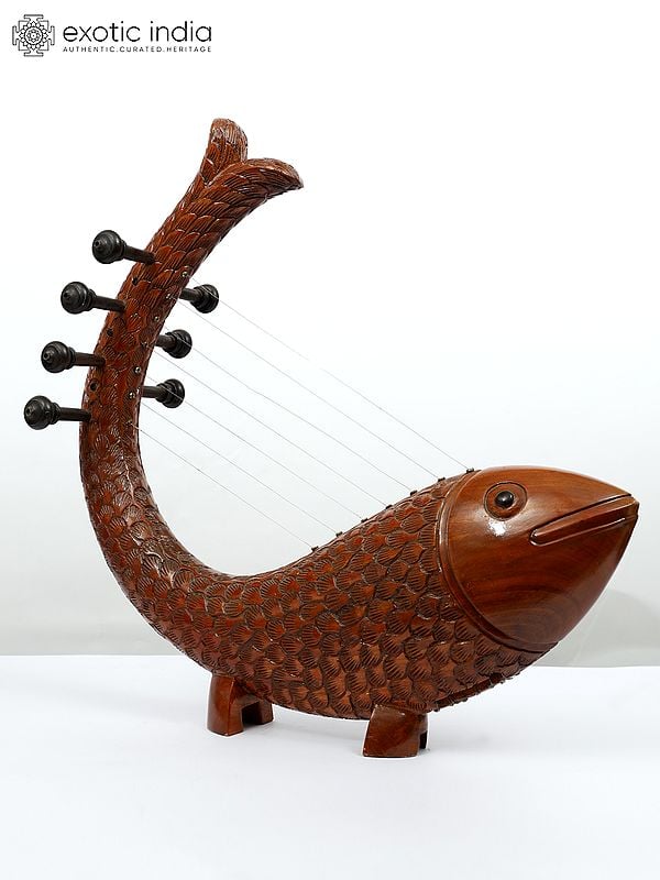 Exotic India 20" Fish Design Wooden Veena | Stylish Musical Decor 