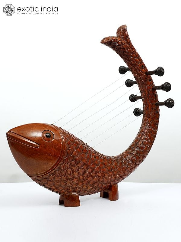 Exotic India 20" Fish Design Wooden Veena | Stylish Musical Decor 