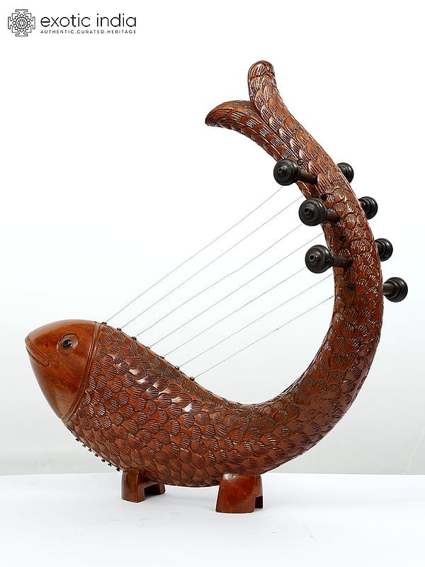 Exotic India 20" Fish Design Wooden Veena | Stylish Musical Decor 