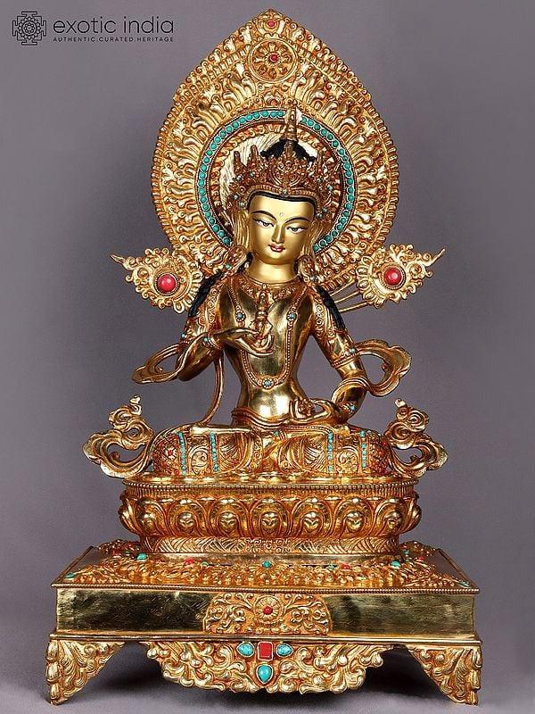 exotic india 20" Goddess/God Singhasan Throne (Chowki) from Nepal | Nepalese Copper Statue 