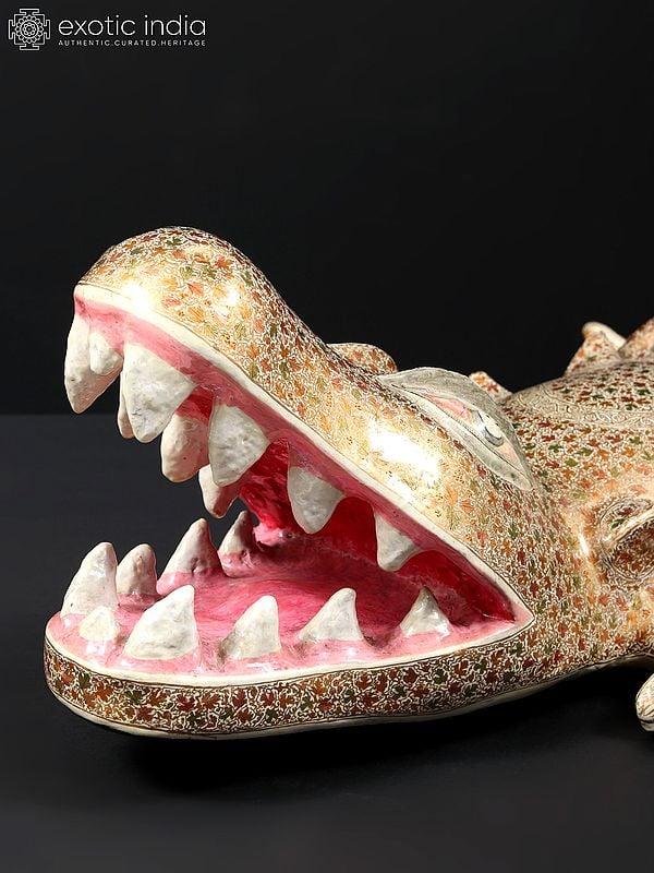 Exotic India 20" Hand Painted Papier Mache Crocodile Figurine | From Kashmir | Home Decor 
