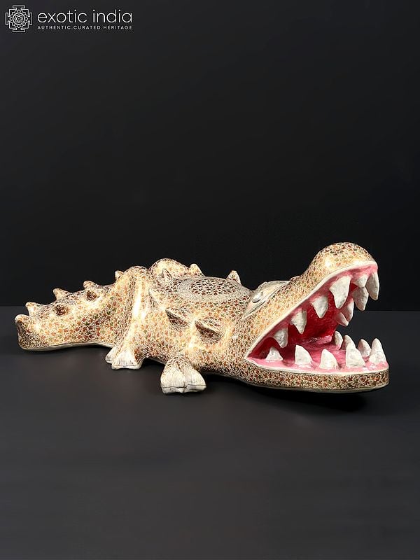 Exotic India 20" Hand Painted Papier Mache Crocodile Figurine | From Kashmir | Home Decor 