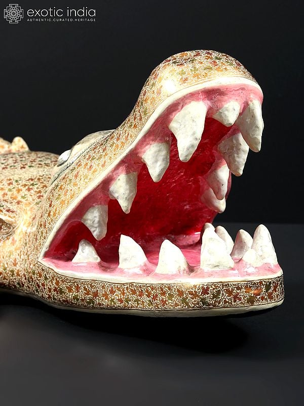 Exotic India 20" Hand Painted Papier Mache Crocodile Figurine | From Kashmir | Home Decor 