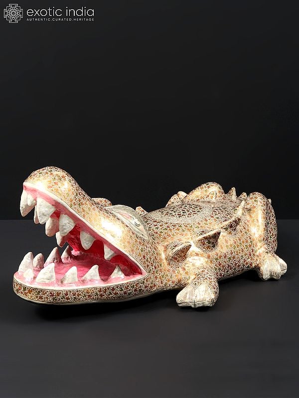 exotic india 20" Hand Painted Papier Mache Crocodile Figurine | From Kashmir | Home Decor 